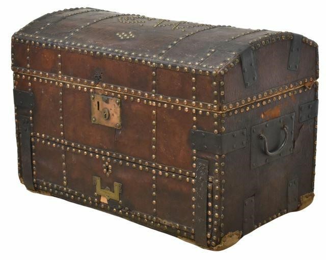 Appraisal: Antique leather-clad pine dome top trunk th c with decorative