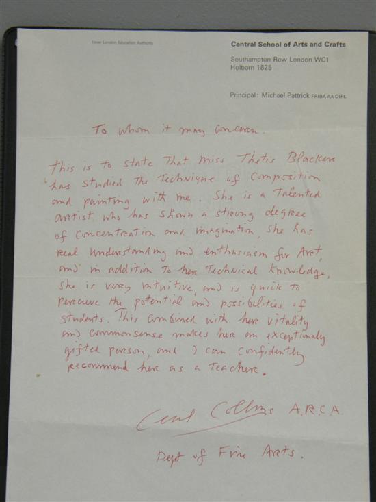 Appraisal: Signed handwritten letter from Cecil Collins Central School of Arts