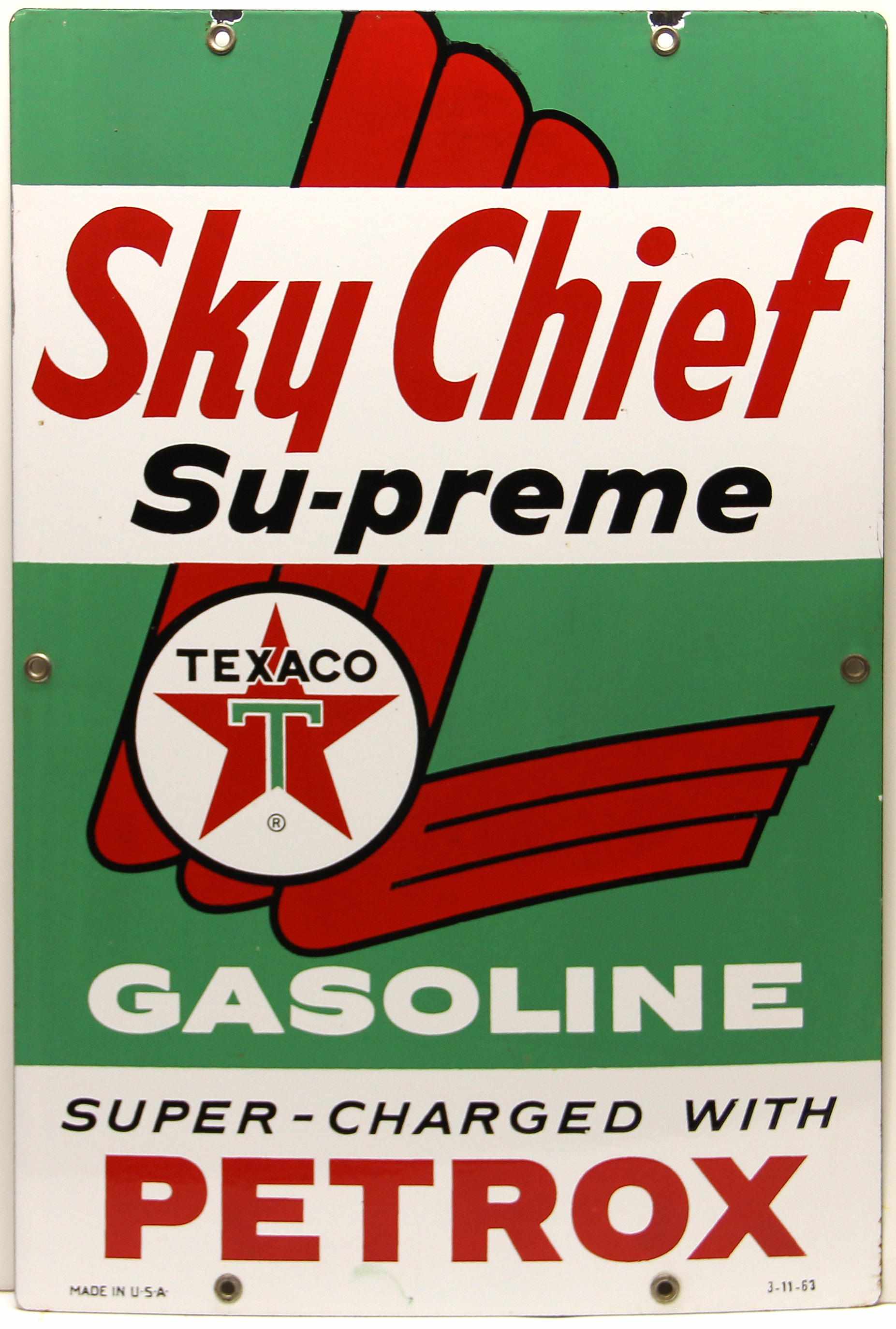 Appraisal: A Texaco Sky Chief Supreme pump plate multi-colored porcelain enamel