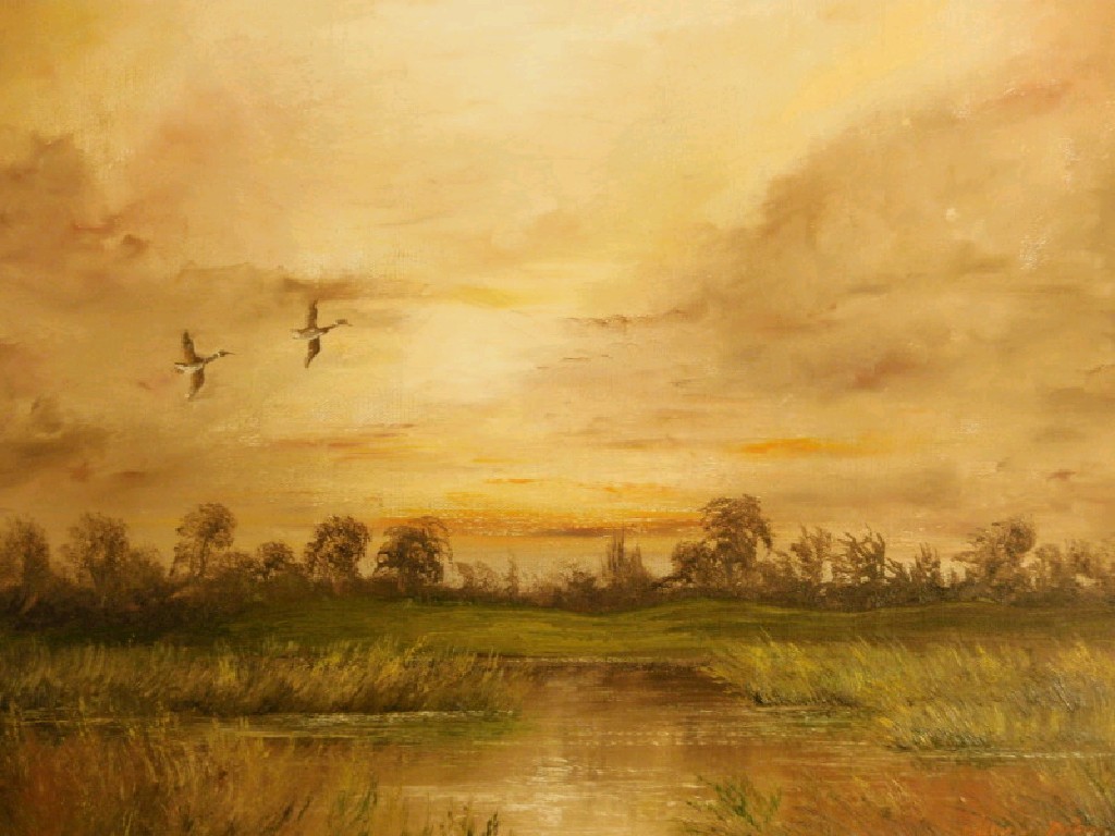 Appraisal: Raymond Price Fenland landscape with mallards in flight oil on