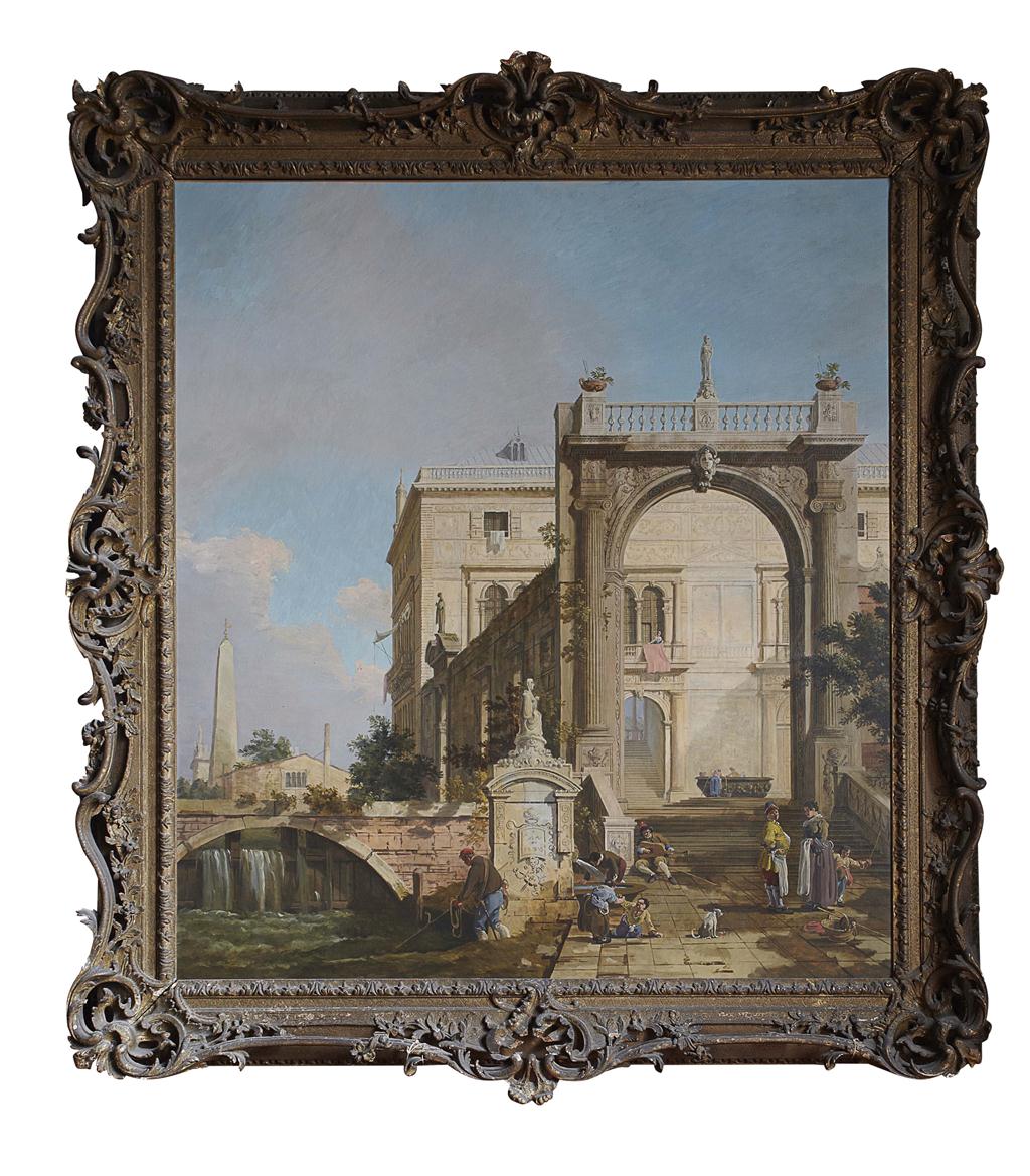 Appraisal: AFTER CANALETTO CAPRICCIO SCENE WITH A PALACE A BRIDGE AND