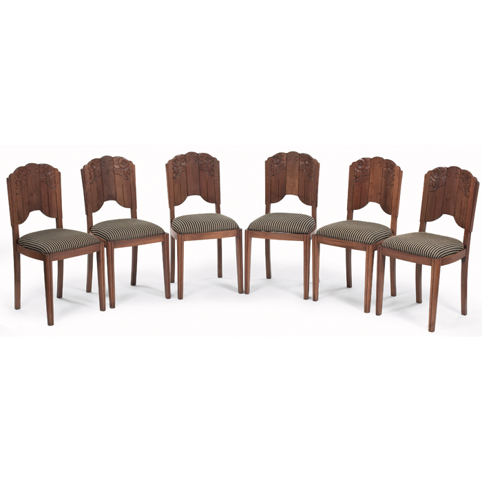 Appraisal: French Art Deco chairs set of six in walnut carved