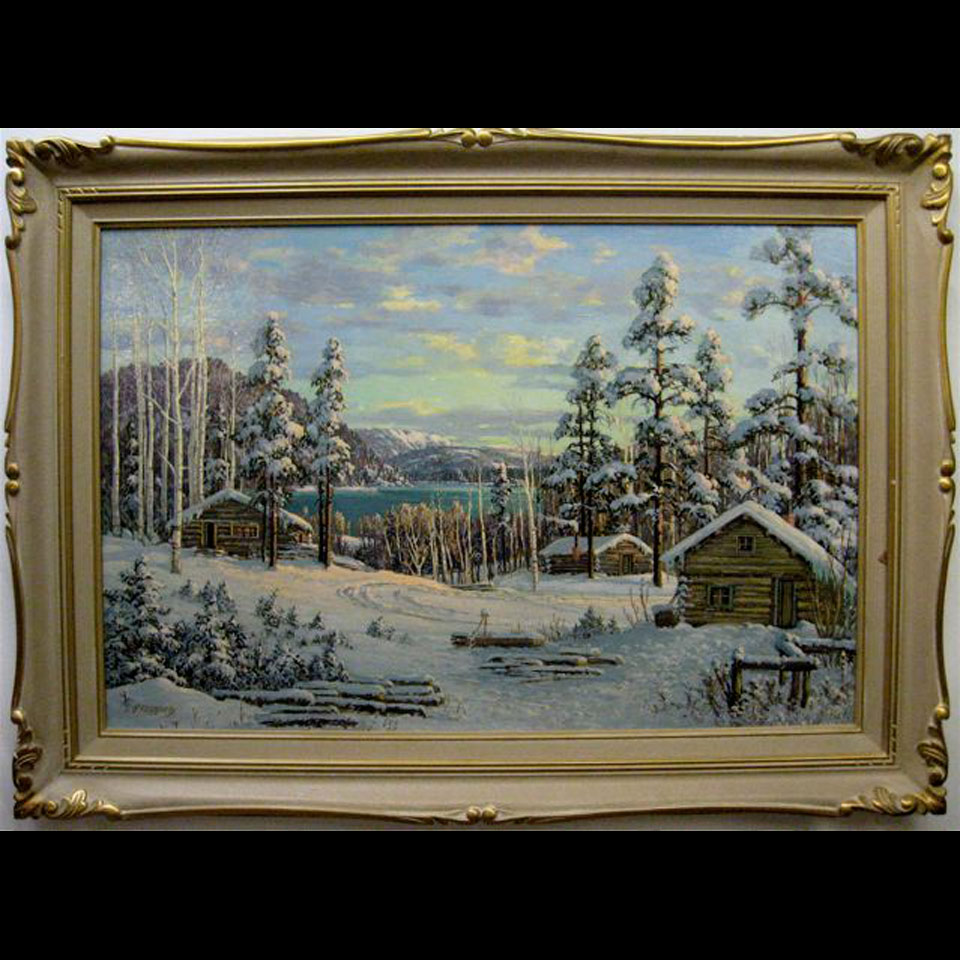 Appraisal: WINTER SCENE WITH LOG CABINS OTTO PLANDING - CANADIAN OIL