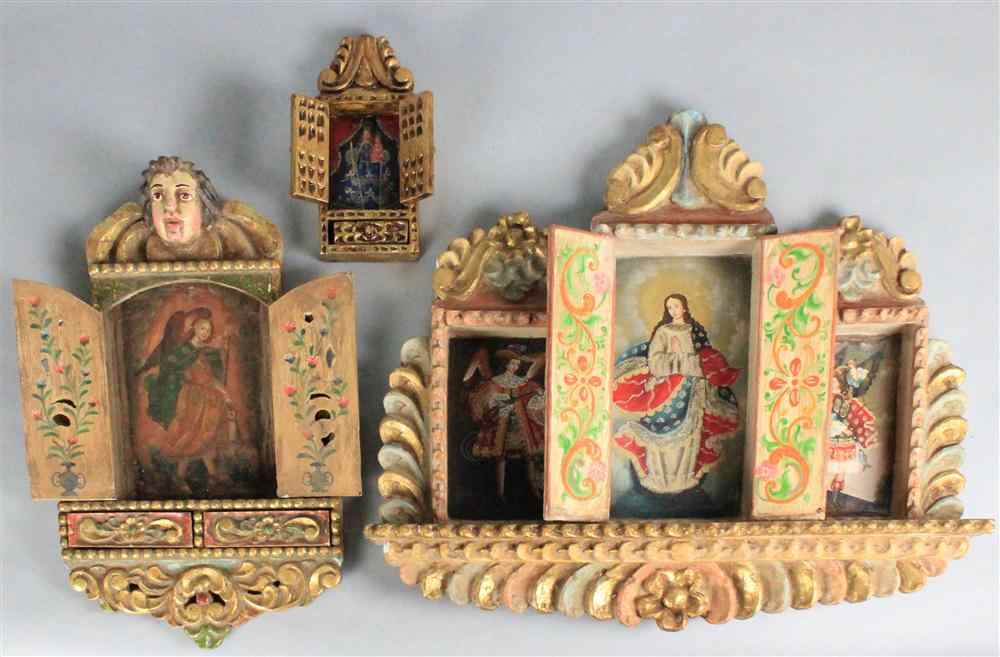 Appraisal: THREE PERUVIAN POLYCHROME PAINTED WOOD TRIPTYCHS the largest with a