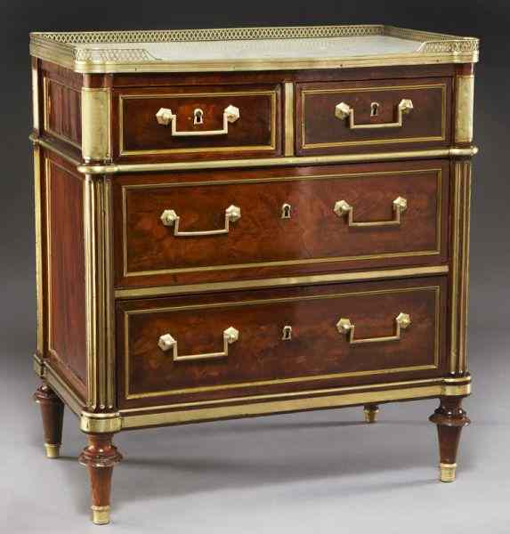 Appraisal: Louis XVI mahogany marble top commodewith pierced bronze gallery over