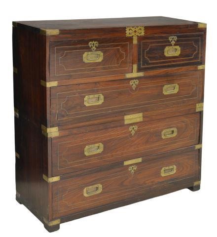 Appraisal: British Colonial rosewood campaign chest of drawers th c in