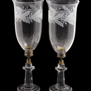 Appraisal: A Pair of English Etched Glass Hurricane Candlesticks Circa Height