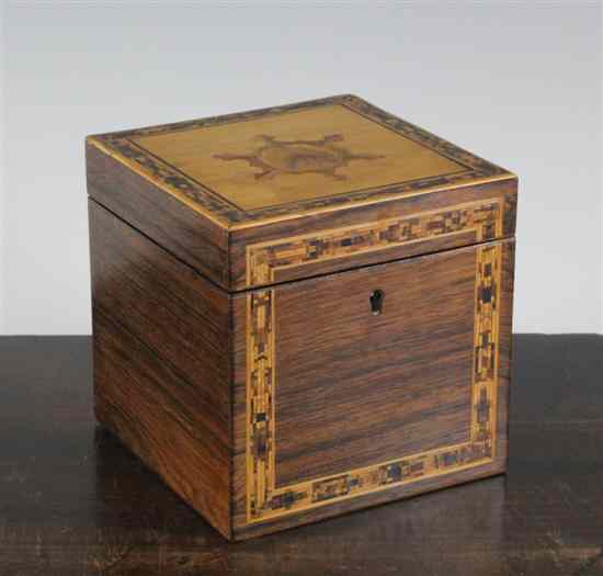 Appraisal: A Tunbridgeware inlaid rosewood cube tea caddy ins Estimate -