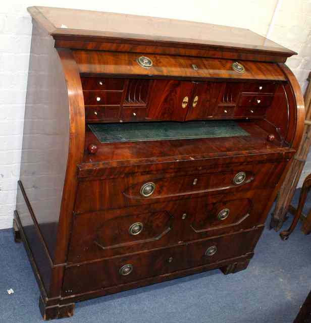 Appraisal: A TH CENTURY DUTCH MAHOGANY CYLINDER BUREAU the interior fitted