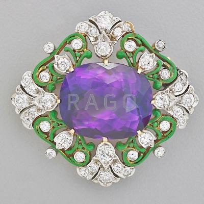 Appraisal: TIFFANY CO RENAISSANCE REVIVAL BROOCH Quatrefoil of Suffragette colors cushion-shaped