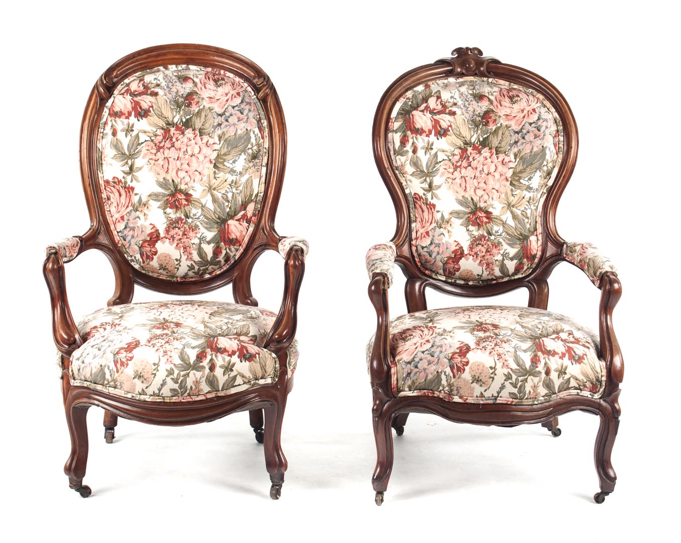 Appraisal: Two Rococo Revival walnut armchairs circa upholstered backs seats and