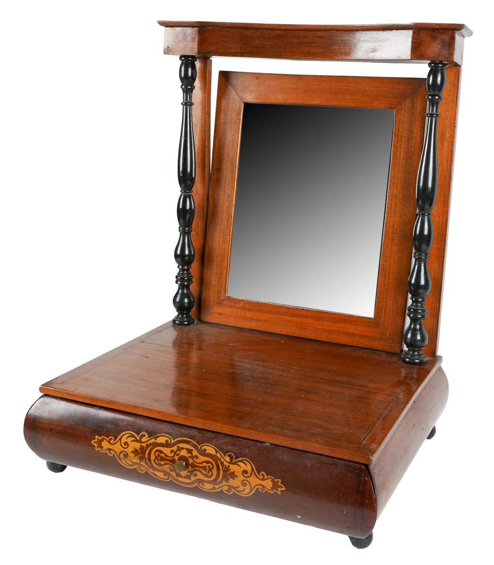 Appraisal: MARQUETRY-INLAID SHAVING MIRROR th century with swinging mirror the base