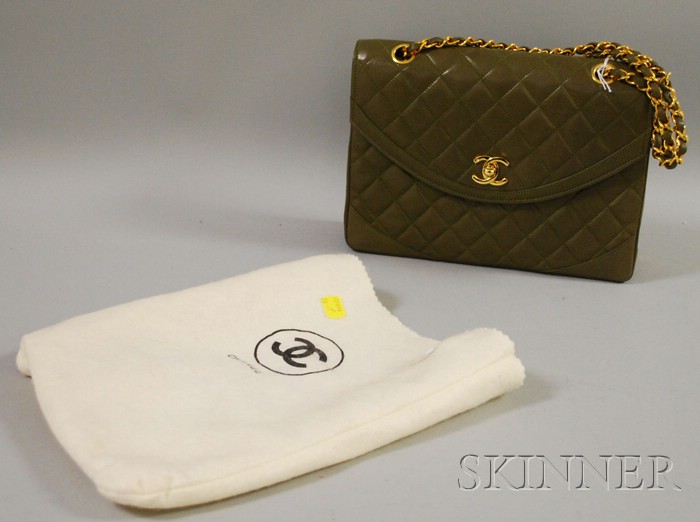 Appraisal: Chanel Olive Green Quilted Lambskin Handbag with gold-tone chain and