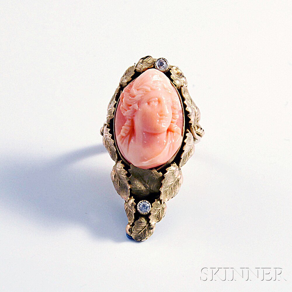 Appraisal: kt Gold Diamond and Coral Cameo Ring approx size dwt