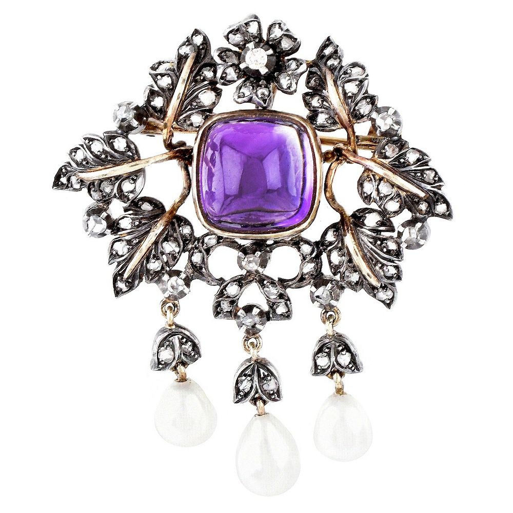 Appraisal: Antique Amethyst Diamond and Pearl Pendant Antique Approx Carat Cabochon