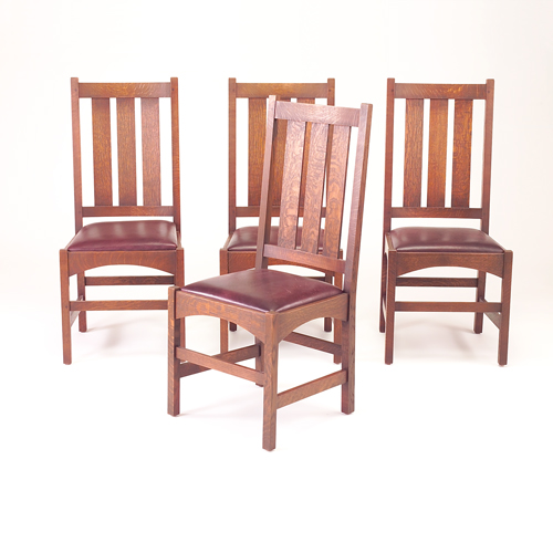 Appraisal: WARREN HILE Four Gustav Stickley reproduction dining chairs Fine original