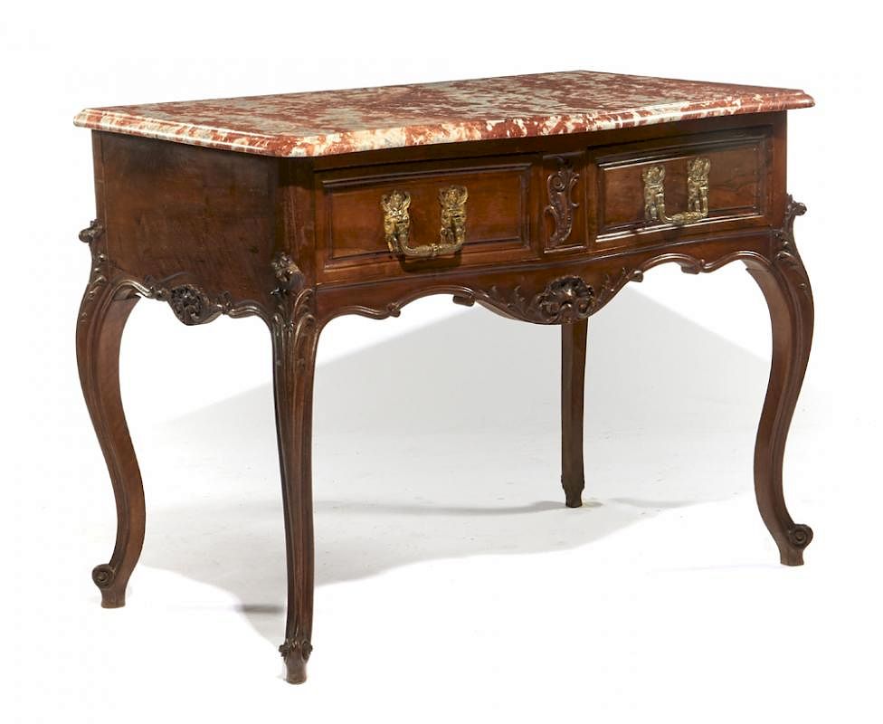 Appraisal: th c French marble topped console with drawers th c