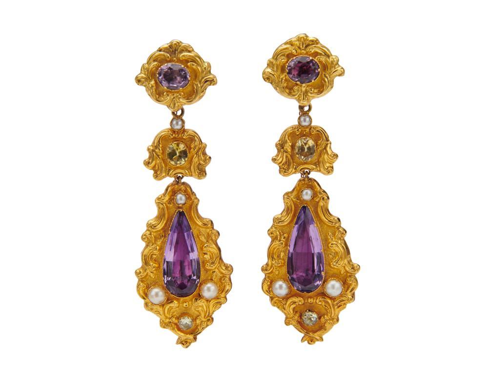 Appraisal: K Gold Amethyst Topaz and Pearl Pendant Earrings comprising three