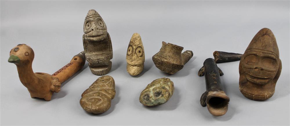 Appraisal: GROUP OF MESOAMERICAN STYLE CARVED STONE FIGURES WITH POTTERY ANIMAL