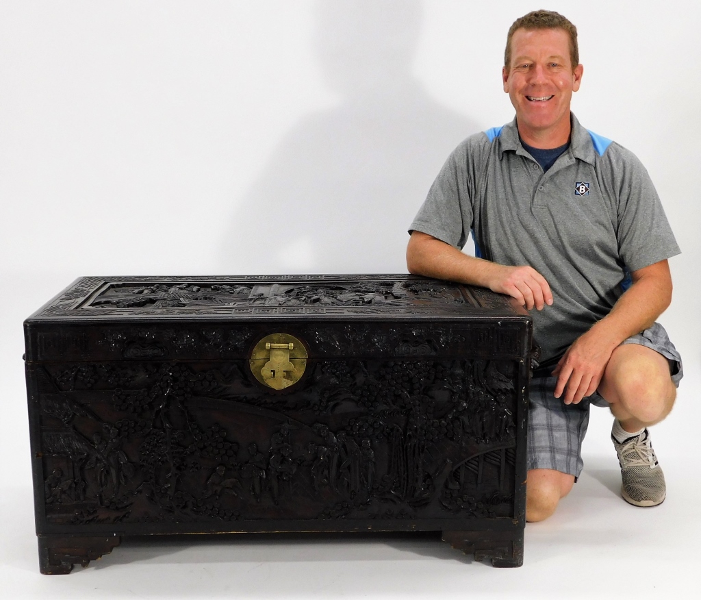 Appraisal: C CHINESE EXPORT CARVED CAMPHOR WOOD CHEST China th CenturyRelief