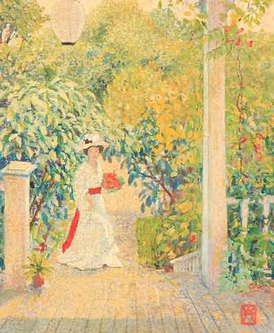 Appraisal: View from the porch into the garden with woman holding