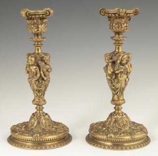 Appraisal: Pair of French Gilt Bronze Candlesticks th c the relief