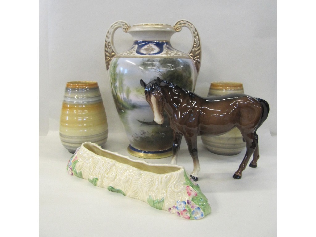 Appraisal: Noritake two handled vase pair of Shelley vases Beswick horse