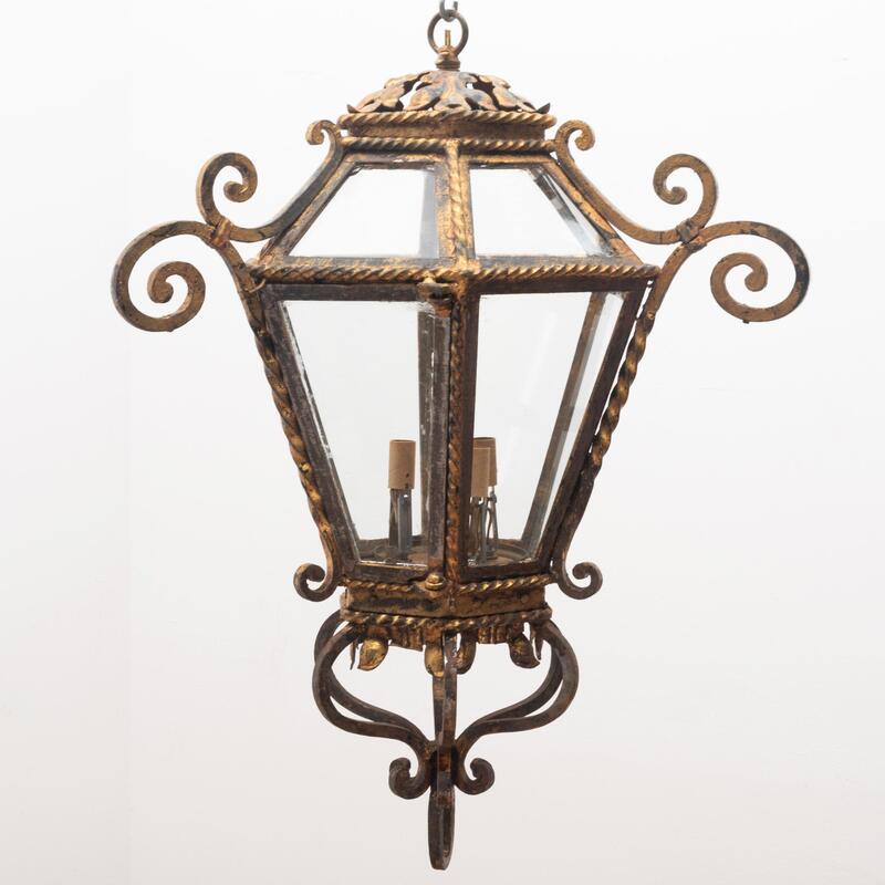 Appraisal: Hexagonal Gilt-Wrought Iron Three-Light Lantern x x in Condition Gilding