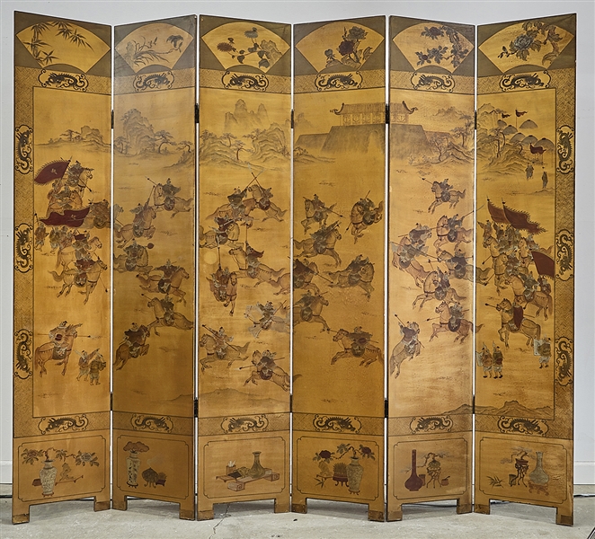 Appraisal: Chinese six-panel painted wood screen depicting a battle scene calligraphy