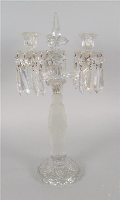 Appraisal: Figural molded glass candelabra probably baccarat th century Three-light candelabrum