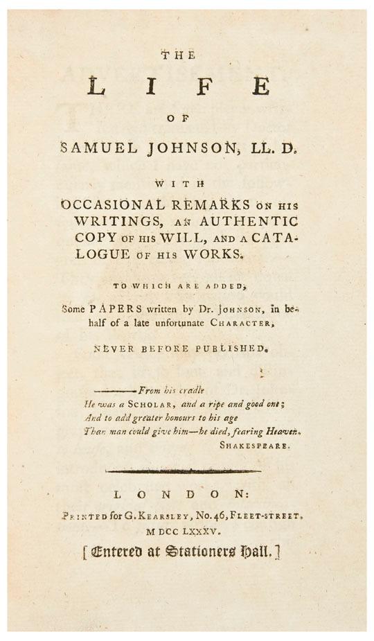 Appraisal: COOK William The Life of Samuel Johnson L L D