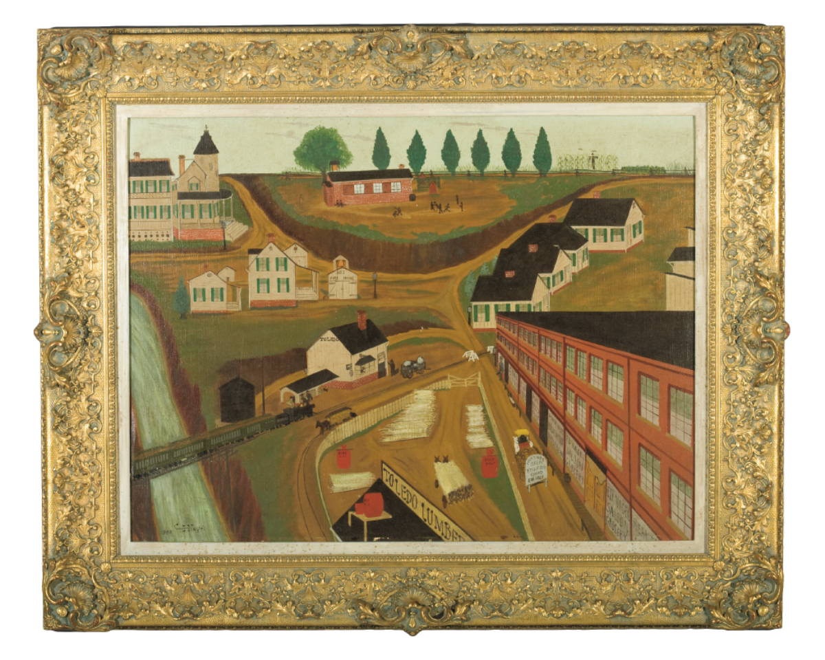 Appraisal: PRIMITIVE PAINTING OF RAILROAD STATION AND CROSSROADS TOLEDO OHIO Oil