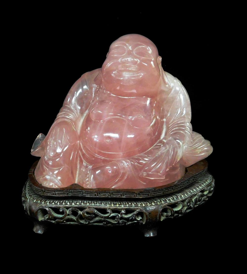 Appraisal: ASIAN Carved rose quartz smiling Buddha sculpture Chinese th C