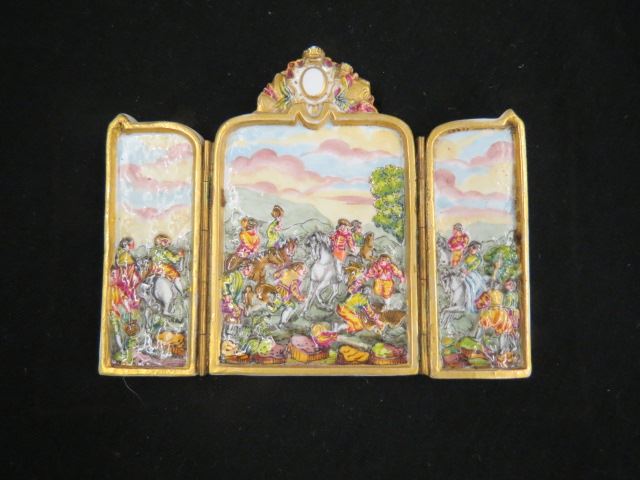 Appraisal: Capodimonte Porcelain Miniature Table Screen tri-fold hunting scenes x circa