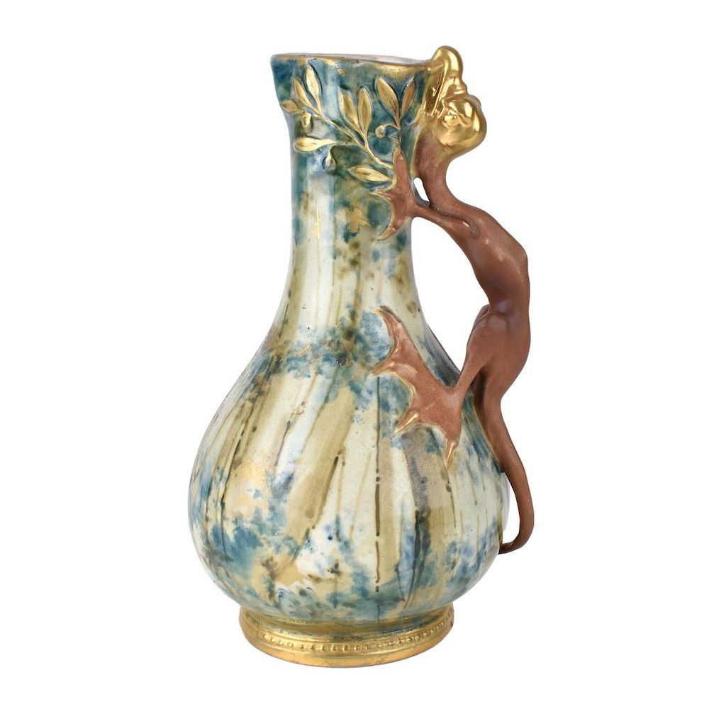 Appraisal: Amphora Glazed Pottery Pitcher Dragon Handle Riessner Stellmacher Kessel Amphora