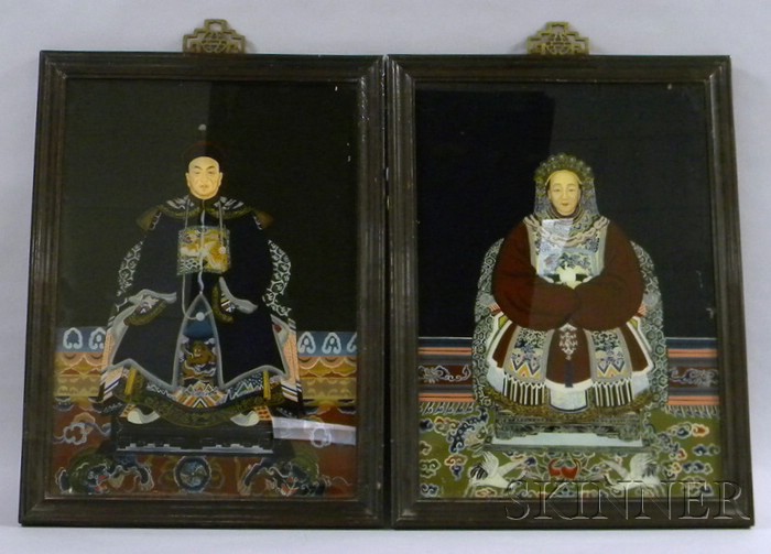 Appraisal: Pair of Framed Chinese Ancestral Portraits on glass with brass