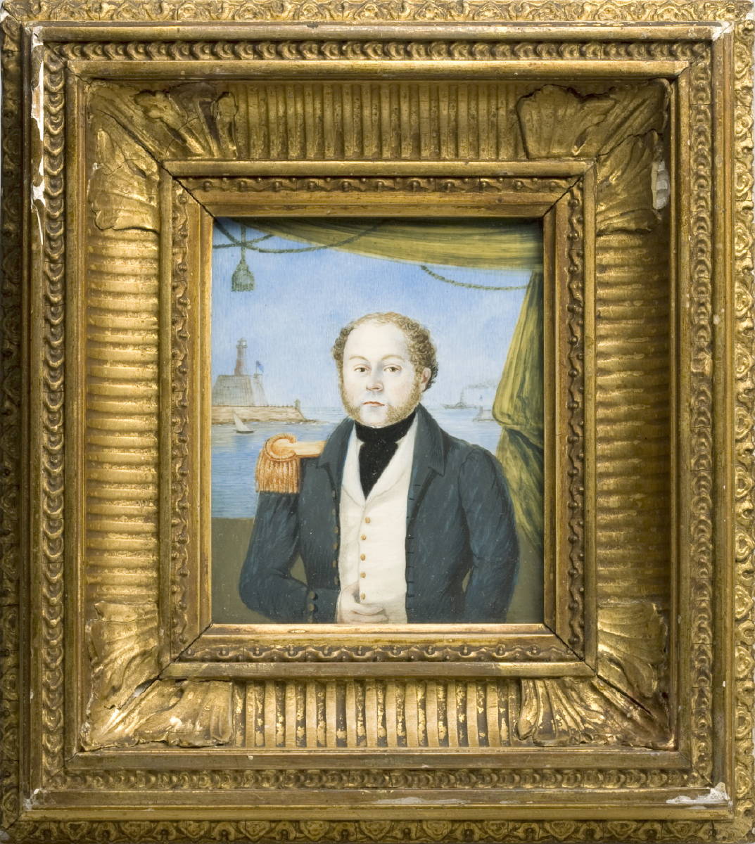 Appraisal: PORTRAIT MINIATURE OF A BRITISH NAVAL OFFICER Depicted before a