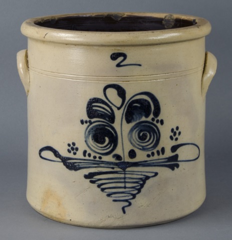 Appraisal: Two-Gallon Stoneware Crock with HandlesHaving cobalt abstract floral slip-trailed decoration