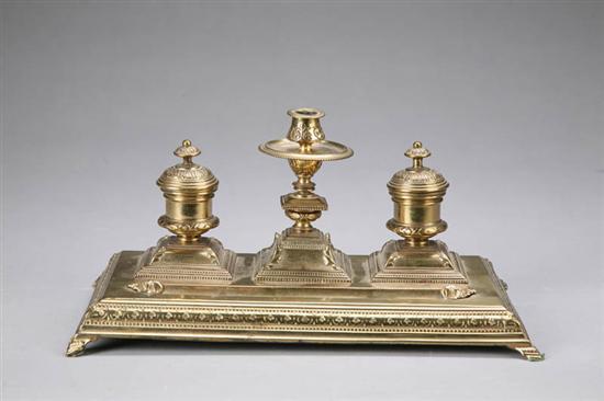 Appraisal: BRASS DESK SET Ornate set with two ink wells one