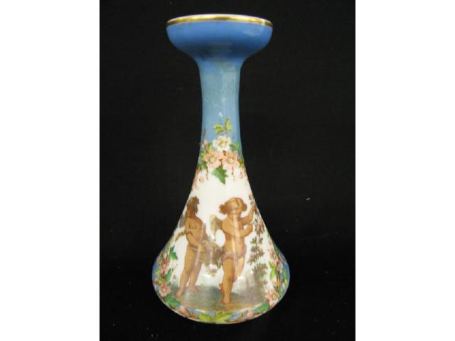 Appraisal: Baccarat Opalene French Art Glass Vase enameled cherubs in the