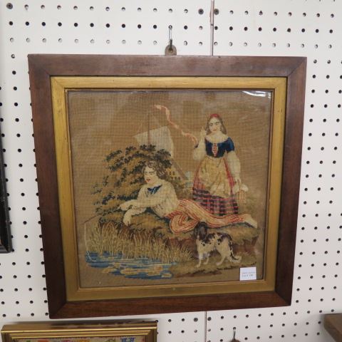 Appraisal: th Century Needlepoint boy girl with dog he is fishing