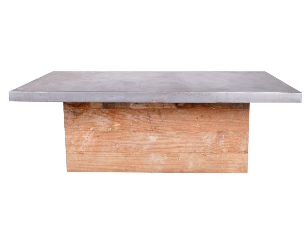 Appraisal: ZINC-WRAPPED COFFEE TABLEon bare wood base inches wide inches deep