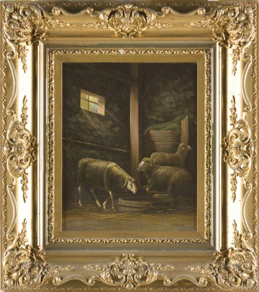 Appraisal: L Minnich Cont ca Sheep in Barn oil on canvas