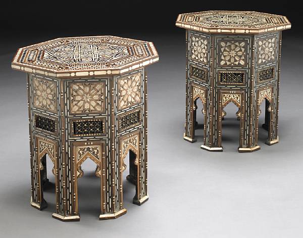 Appraisal: A pair of Levantine shell and bone marquetry hardwood tables