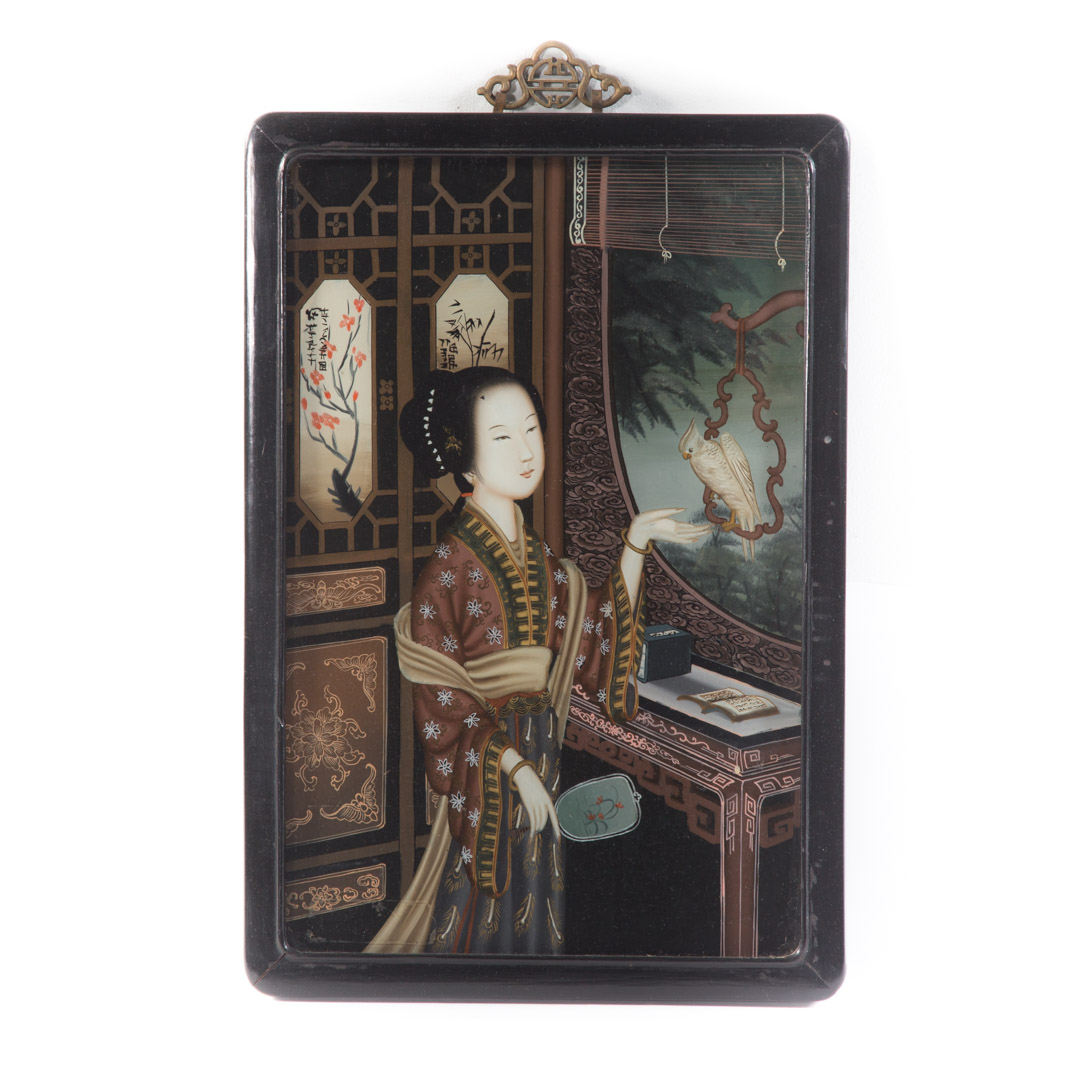 Appraisal: Chinese Export reverse painting on glass courtesan with cockatoo in