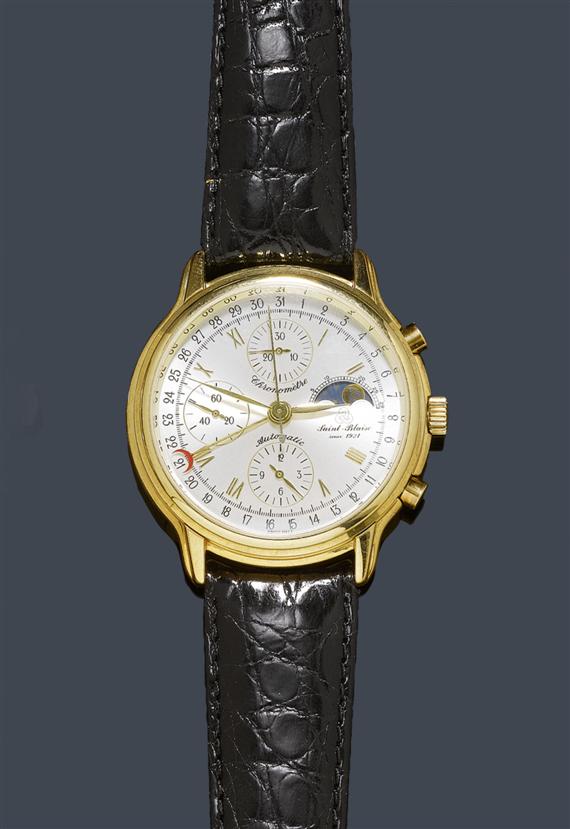 Appraisal: GENTLEMAN'S WRISTWATCH AUTOMATIC CHRONOGRAPH MOON PHASE SAINT-BLAISE Yellow gold Ref