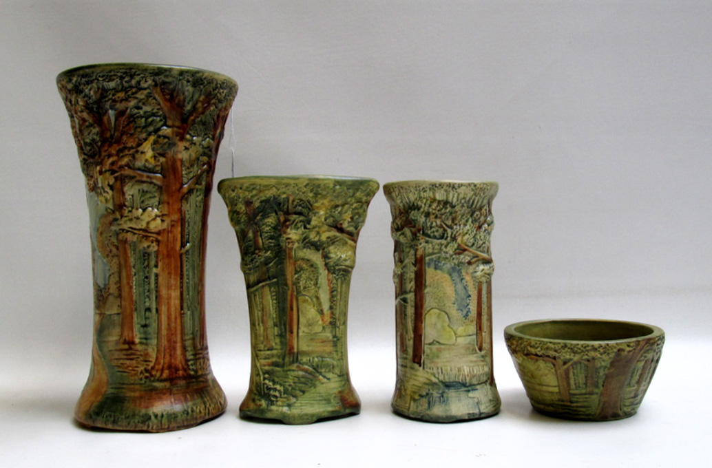 Appraisal: WELLER FOREST ART POTTERY four pieces designed by artist Rudolph