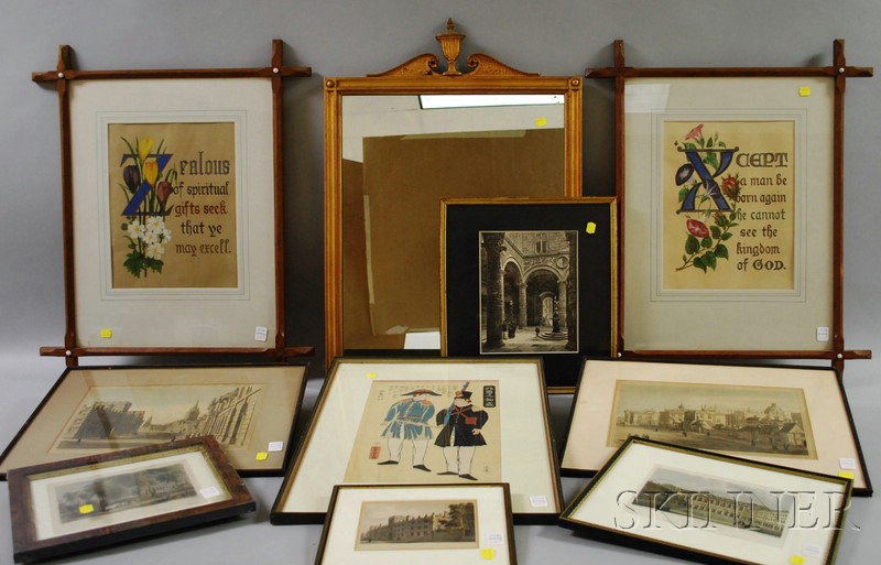 Appraisal: Nine Framed Prints and a Mirror including two hand-painted Bible