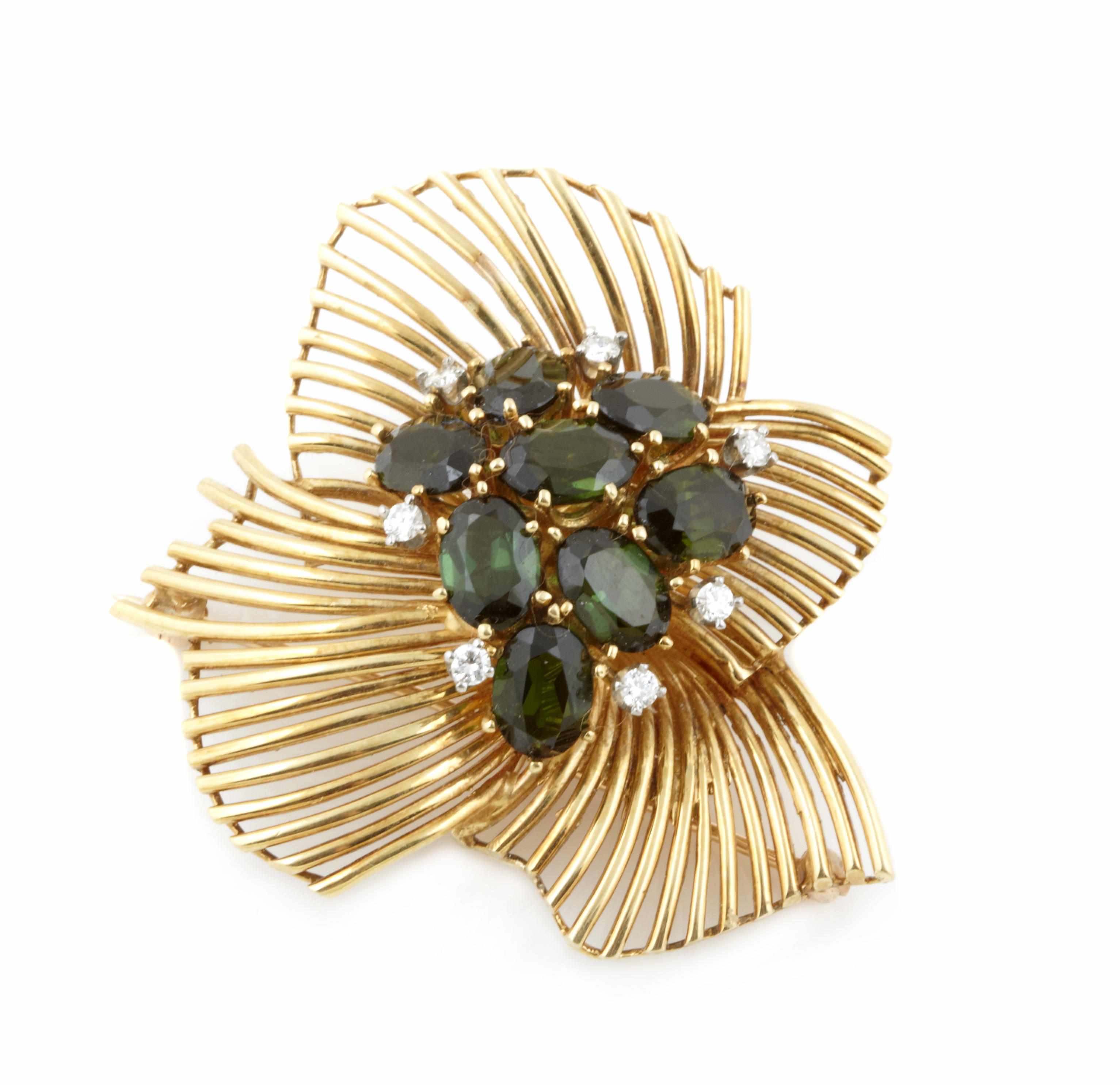 Appraisal: A tourmaline diamond and k gold brooch Soret g gross