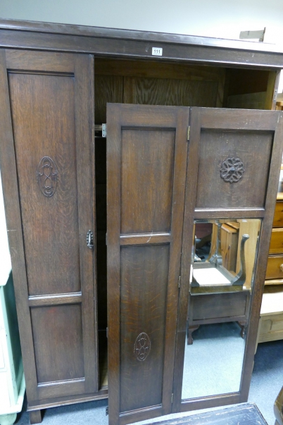 Appraisal: Large oak mirrored folding door wardrobe